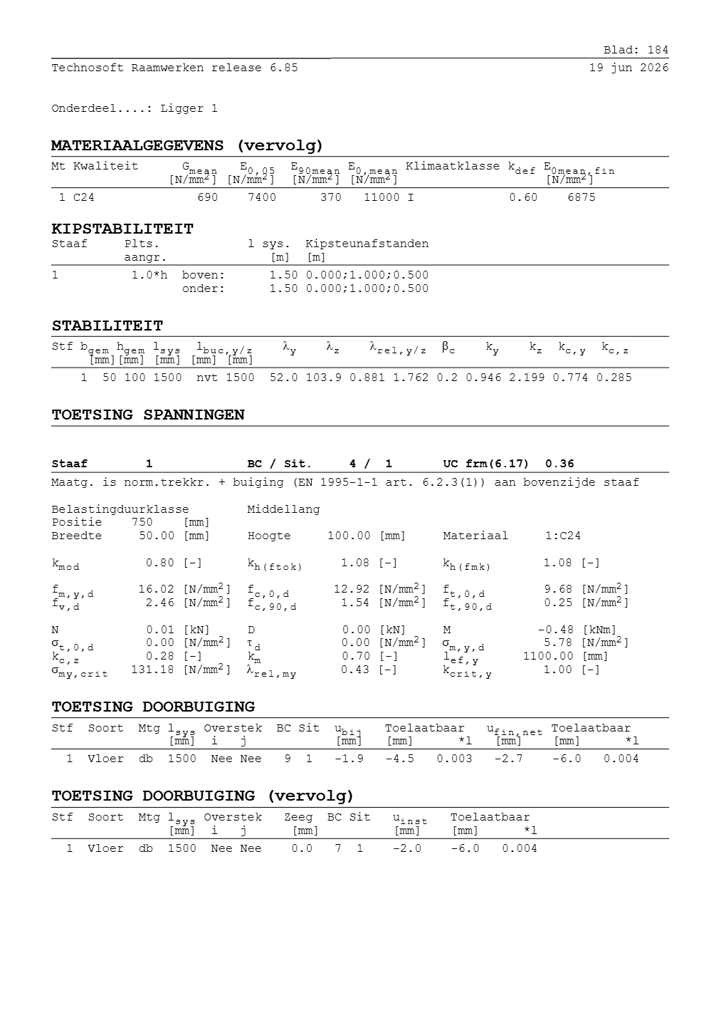 Technosoft Raamwerken output, sheet 184 of Beam 1