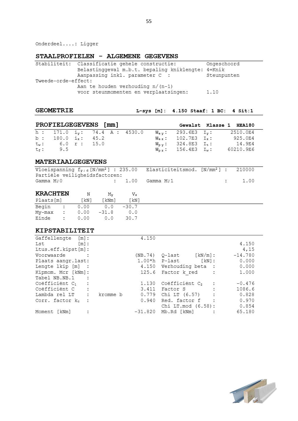 Technosoft Raamwerken output of a steel beam, sheet 55